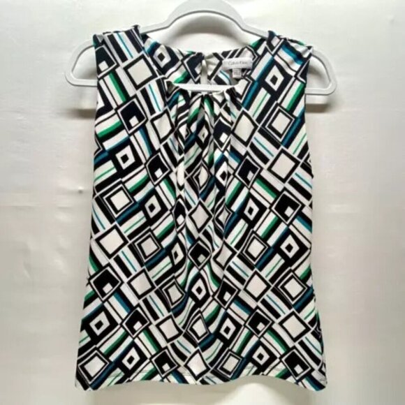 Calvin Klein Women’s Career Blouse Large Geometric Sleeveless Gathered Neck Tank - Picture 2 of 8